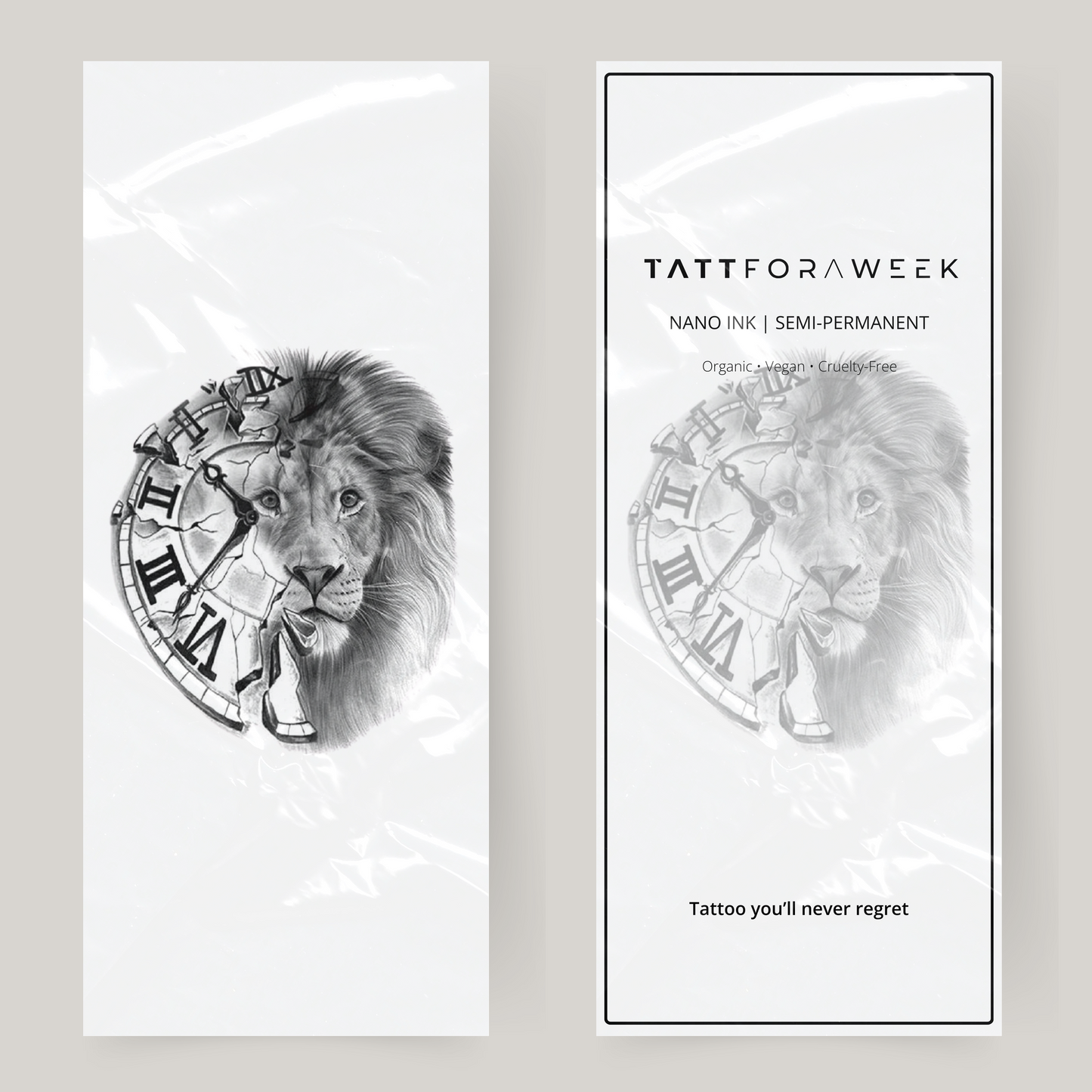 Tatuaje falso grande de reloj y león