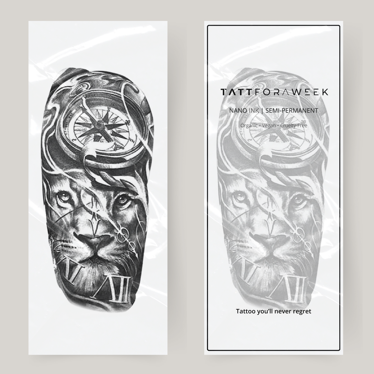 Tatuaje falso en manga león y reloj