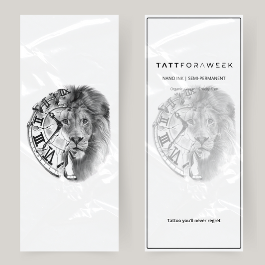 Tatuaje falso grande de reloj y león