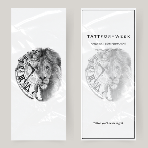 Tatuaje falso grande de reloj y león