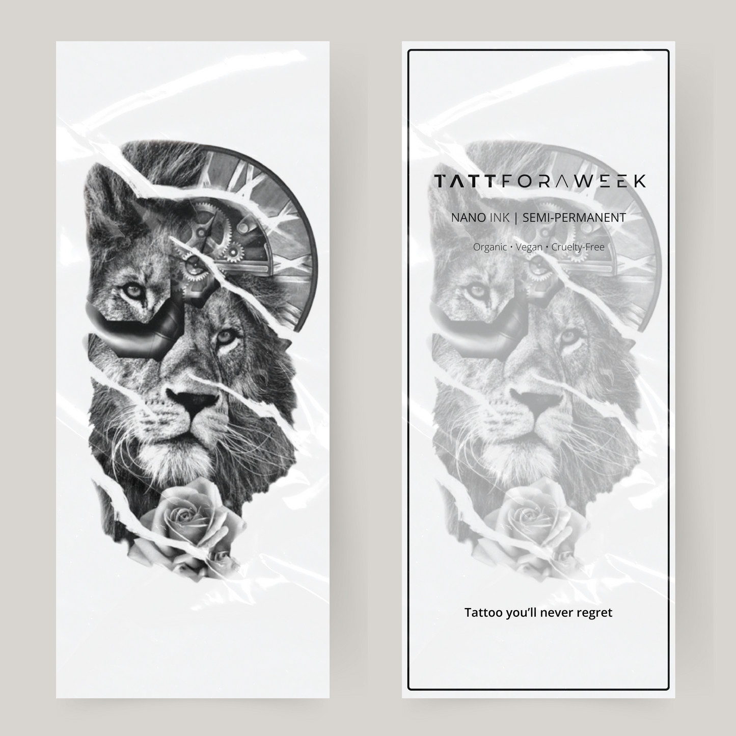 Tatuaje falso grande león y reloj