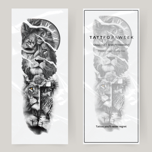 Tatuaje falso en manga león, fe y reloj