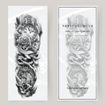 Tatuaje falso en manga de rosas, calaveras y campanas.