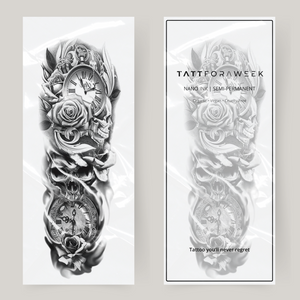 Tatuaje falso en manga de rosas, calaveras y campanas.